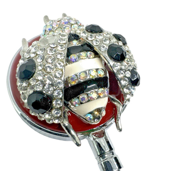 BLING LADYBUG PURSE BAG HOOK HOLDER RED RHINESTONE FOLDING TABLE HANDBAG HANGER - Picture 2 of 4